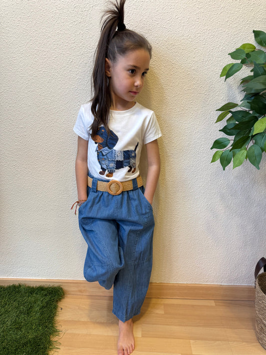 Conjunto Niña Denim Perro Camiseta + Pantalón Fluido