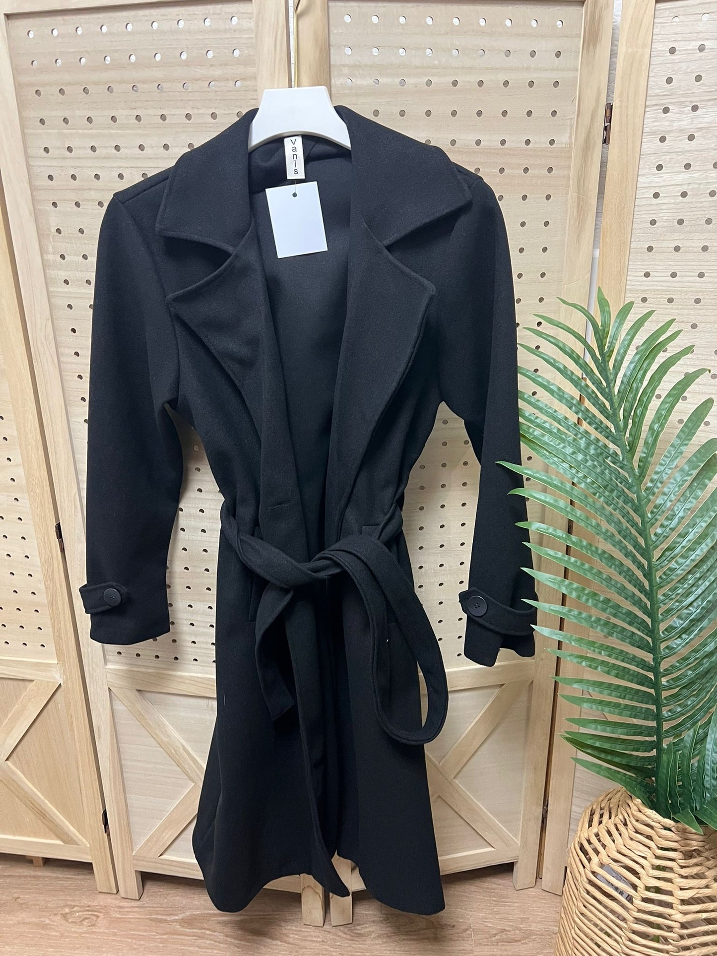 Abrigo de Paño Negro Mujer con Cinturón – Abrigo Elegante Largo