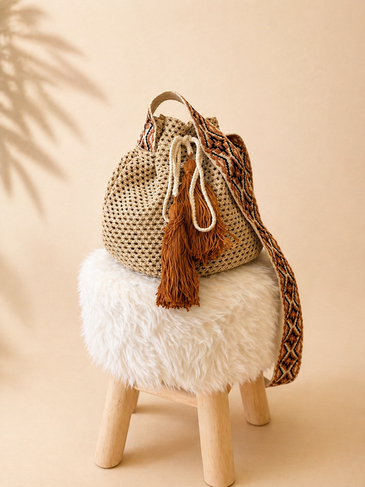 Bolso Saco Rafia Boho con Borlas