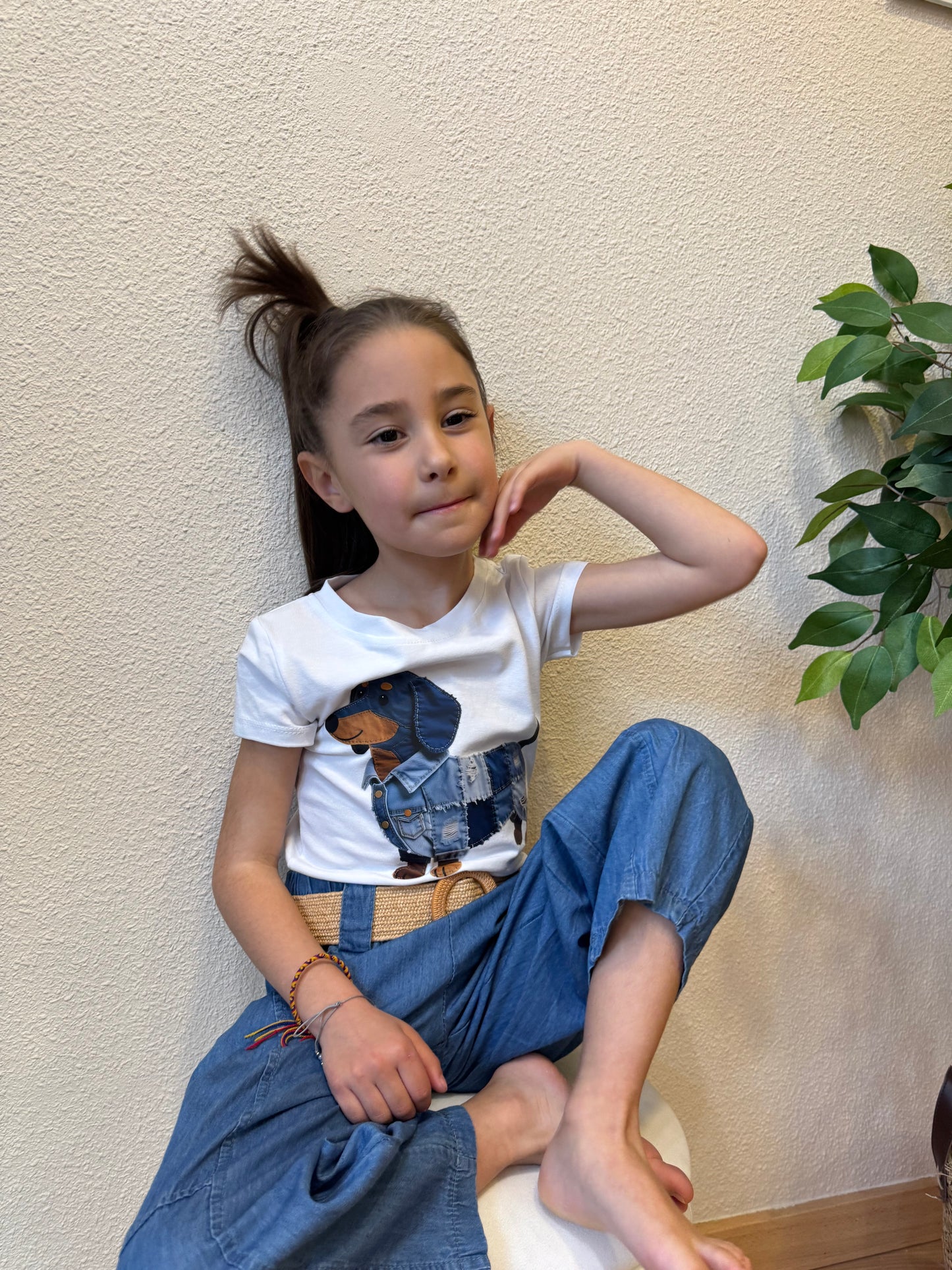 Conjunto Niña Denim Perro Camiseta + Pantalón Fluido