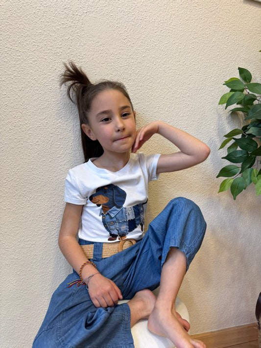 Conjunto Niña Denim Perro Camiseta + Pantalón Fluido