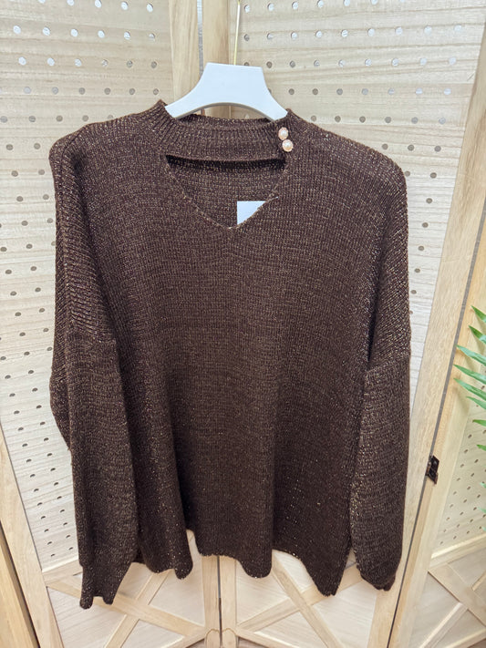 Jersey punto fino marrón chocolate brillo suave con botones joya – Talla grande