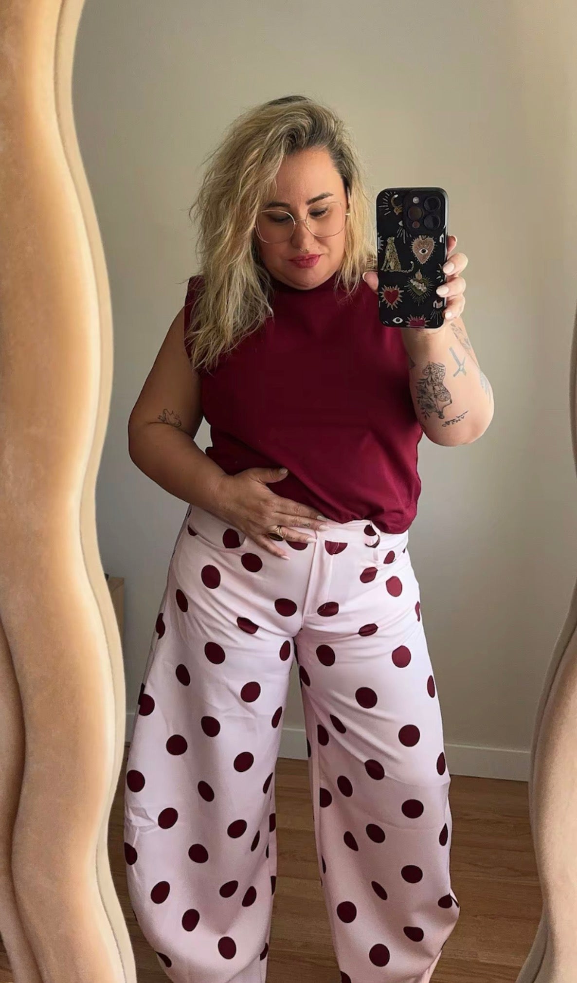 Pantalón lunares corte balón tiro alto mujer